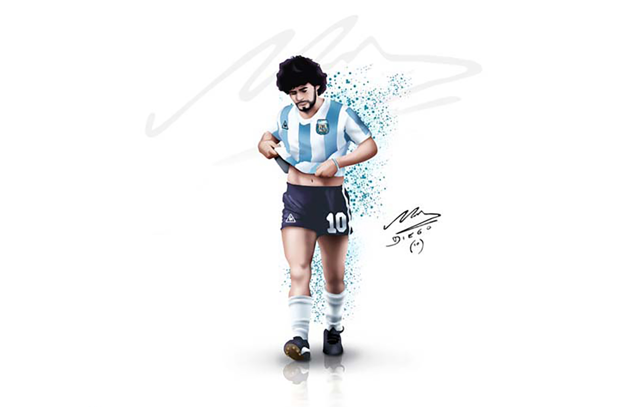 Diego Maradona Autographed Sketch In Argentina Colors